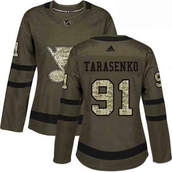 Womens Adidas St Louis Blues #91 Vladimir Tarasenko Authentic Green Salute to Service NHL Jersey->women nhl jersey->Women Jersey