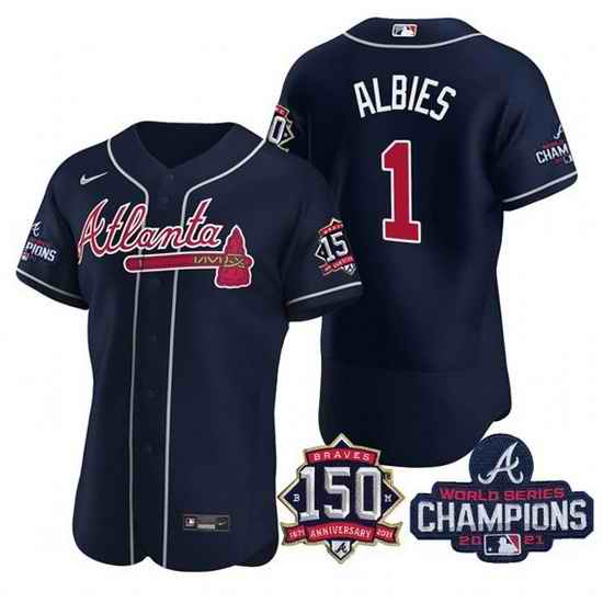 Men's Navy Atlanta Braves #1 Ozzie Albies 2021 World Series Champions With 150th Anniversary Flex Base Stitched Jersey->2021 world series->MLB Jersey