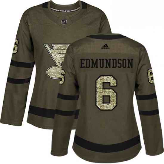 Womens Adidas St Louis Blues #6 Joel Edmundson Authentic Green Salute to Service NHL Jersey->women nhl jersey->Women Jersey