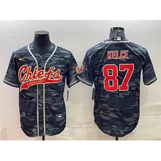 Men Kansas City Chiefs Blank #87 Travis Kelce Grey Navy Camo With Patch Cool Base Stitched Baseball Jersey->las vegas raiders->NFL Jersey