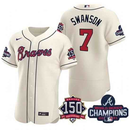 Men's Cream Atlanta Braves #7 Dansby Swanson 2021 World Series Champions With 150th Anniversary Flex Base Stitched Jersey->2021 world series->MLB Jersey