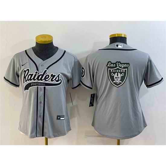 Women Las Vegas Raiders Grey Team Big Logo With Patch Cool Base Stitched Baseball Jersey->women nfl jersey->Women Jersey