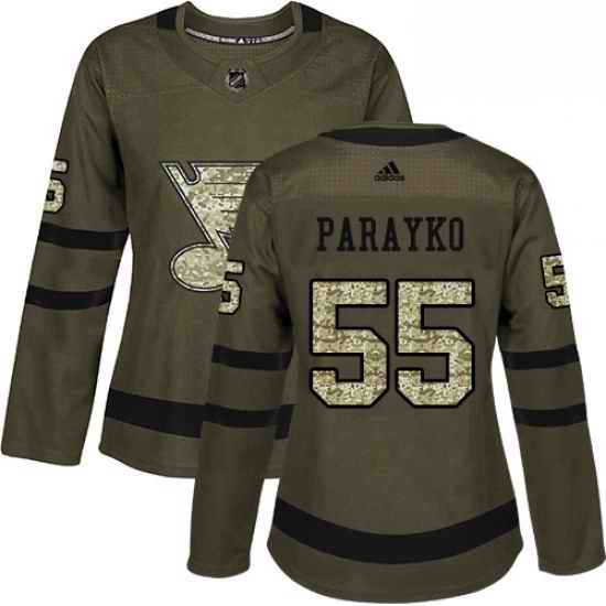 Womens Adidas St Louis Blues #55 Colton Parayko Authentic Green Salute to Service NHL Jersey->women nhl jersey->Women Jersey