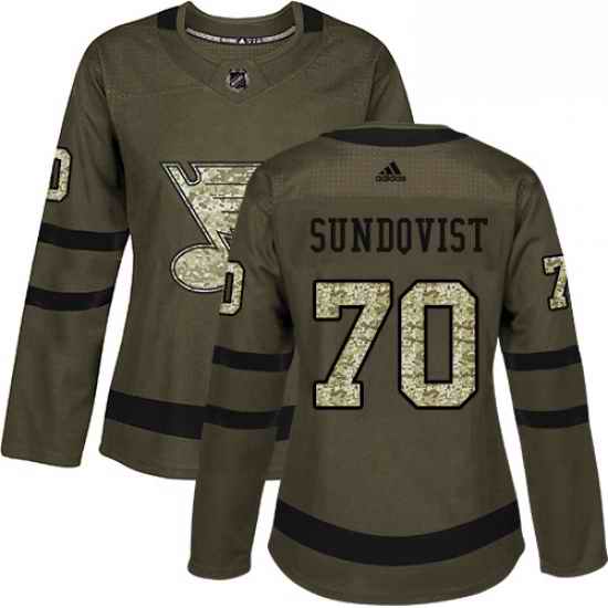 Womens Adidas St Louis Blues #70 Oskar Sundqvist Authentic Green Salute to Service NHL Jersey->women nhl jersey->Women Jersey