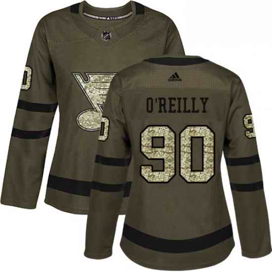 Womens Adidas St Louis Blues #90 Ryan OReilly Authentic Green Salute to Service NHL Jerse->women nhl jersey->Women Jersey