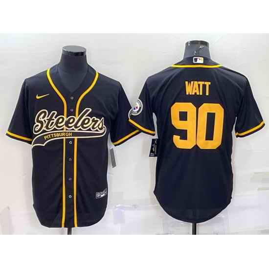 Men Pittsburgh Steelers #90 T J  Watt Black Gold With Patch Cool Base Stitched Baseball Jersey->pittsburgh steelers->NFL Jersey