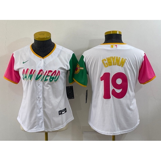 Women San Diego Padres #19 Tony Gwynn 2022 White City Connect Cool Base Stitched Baseball Jersey->women mlb jersey->Women Jersey