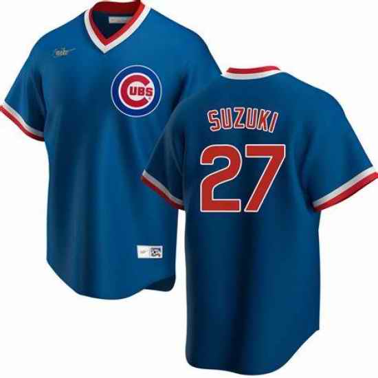 Mens Nike Chicago Cubs #27 Seiya Suzuki Royal Cooperstown Collection Road Stitched Baseball Jersey->chicago cubs->MLB Jersey