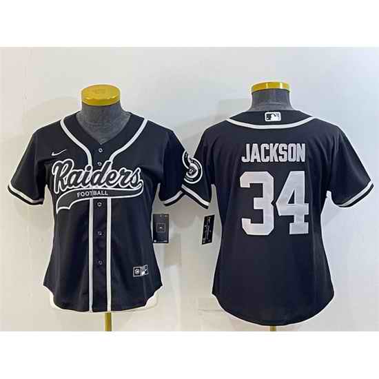 Women Las Vegas Raiders #34 Bo Jackson Black With Patch Cool Base Stitched Baseball Jersey->women nfl jersey->Women Jersey