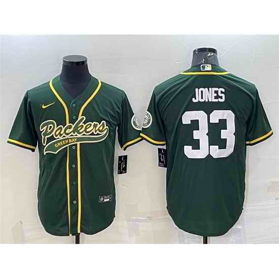 Men Green Bay Packers #33 Aaron Jones Green With Patch Cool Base Stitched Baseball Jersey->green bay packers->NFL Jersey