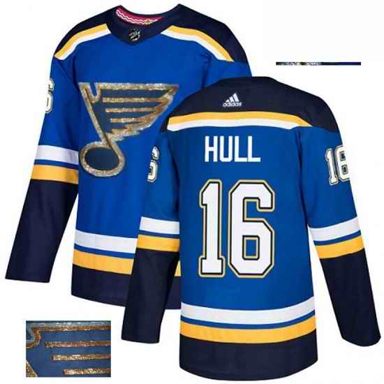 Mens Adidas St Louis Blues #16 Brett Hull Authentic Royal Blue Fashion Gold NHL Jersey->st.louis blues->NHL Jersey