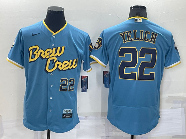 Men's Milwaukee Brewers #22 Christian Yelich Powder Blue 2022 City Connect Flex Base Stitched MLB Jersey->milwaukee brewers->MLB Jersey