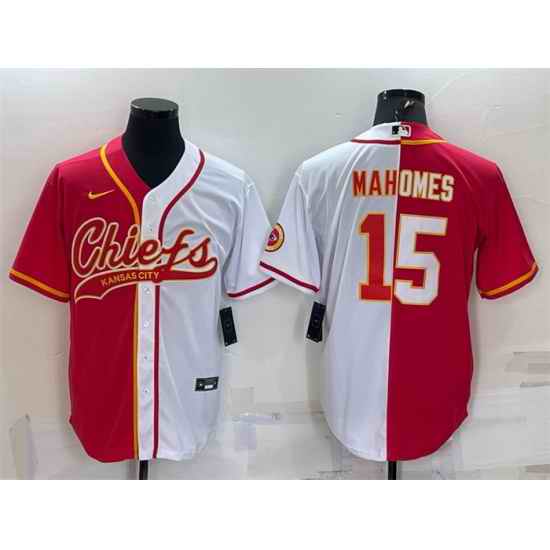 Men Kansas City Chiefs #15 Patrick Mahomes Red White Split With Patch Cool Base Stitched Baseball Jersey->los angeles rams->NFL Jersey