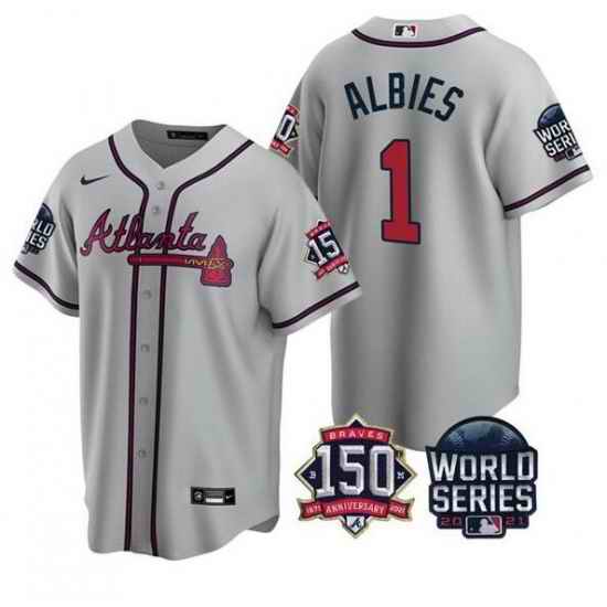 Men Atlanta Braves #1 Ozzie Albies 2021 Gray World Series With 150th Anniversary Patch Cool Base Stitched Jersey->2021 world series->MLB Jersey