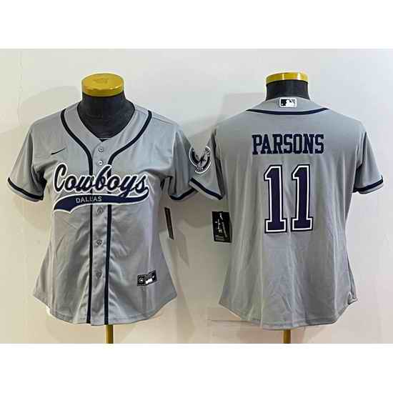 Women Dallas Cowboys #11 Micah Parsons Grey With Patch Cool Base Stitched Baseball Jersey->women nfl jersey->Women Jersey