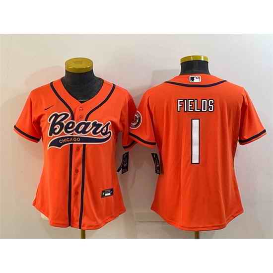 Women Chicago Bears #1 Justin Fields Orange With Patch Cool Base Stitched Baseball Jersey->women nfl jersey->Women Jersey