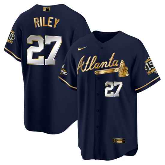 Men Atlanta Braves #27 Austin Riley 2021 Navy Gold World Series Champions With 150th Anniversary Patch Cool Base Stitched Jersey->atlanta braves->MLB Jersey