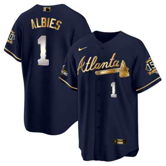 Men Atlanta Braves #1 Ozzie Albies 2021 Navy Gold World Series Champions With 150th Anniversary Patch Cool Base Stitched Jersey->youth mlb jersey->Youth Jersey