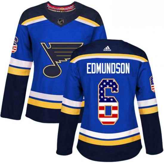 Womens Adidas St Louis Blues #6 Joel Edmundson Authentic Blue USA Flag Fashion NHL Jersey->women nhl jersey->Women Jersey