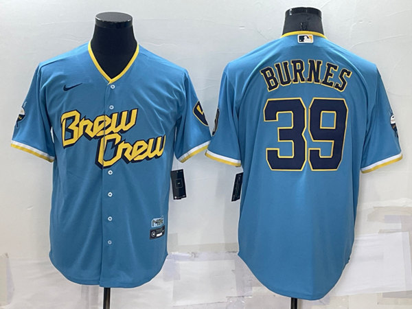 Men's Milwaukee Brewers #39 Corbin Burnes 2022 Powder Blue City Connect Cool Base Stitched Jersey->milwaukee brewers->MLB Jersey