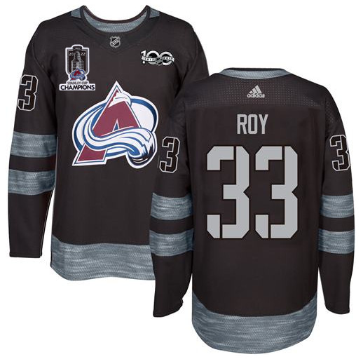 Colorado Avalanche #33 Patrick Roy Black 1917-2017 Black Stanley Cup Champions Patch 100th Anniversary Stitched NHL Jersey->colorado avalanche->NHL Jersey
