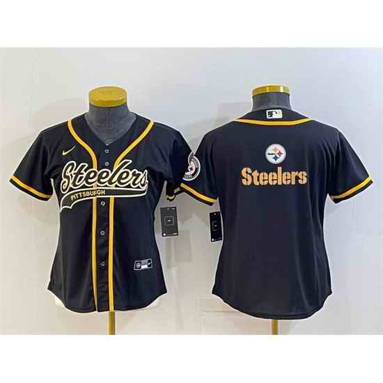 Women Pittsburgh Steelers Black Team Big Logo With Patch Cool Base Stitched Baseball Jersey