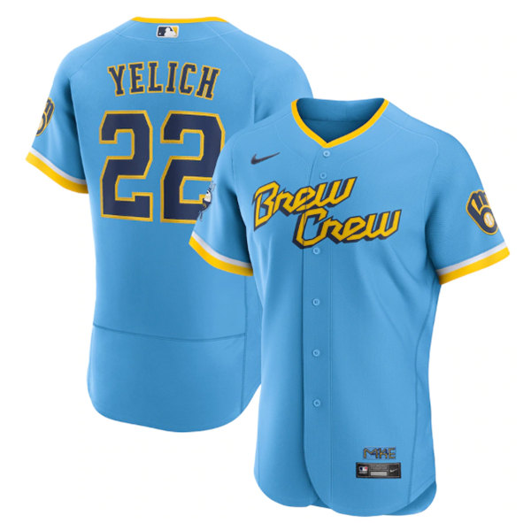 Men's Milwaukee Brewers #22 Christian Yelich Powder Blue 2022 City Connect Flex Base Stitched Jersey->milwaukee brewers->MLB Jersey