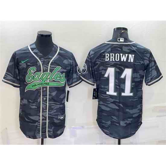Men Philadelphia Eagles #11 A  J  Brown Grey Camo With Patch Cool Base Stitched Baseball Jersey->new orleans saints->NFL Jersey