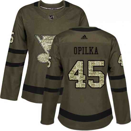 Womens Adidas St Louis Blues #45 Luke Opilka Authentic Green Salute to Service NHL Jersey->women nhl jersey->Women Jersey