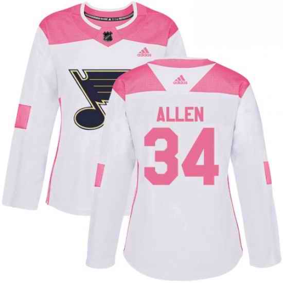 Womens Adidas St Louis Blues #34 Jake Allen Authentic WhitePink Fashion NHL Jersey->women nhl jersey->Women Jersey