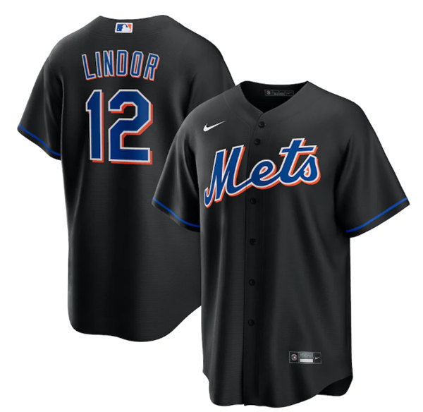 Men's New York Mets #12 Francisco Lindor 2022 Black Cool Base Stitched Baseball Jersey->new york mets->MLB Jersey
