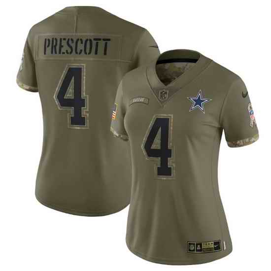Women Dallas Cowboys #4 Dak Prescott Olive 2022 Salute To Service Limited Stitched Jersey->women nfl jersey->Women Jersey