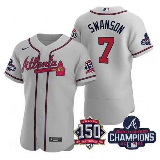 Men's Grey Atlanta Braves #7 Dansby Swanson 2021 World Series Champions With 150th Anniversary Flex Base Stitched Jersey->2021 world series->MLB Jersey