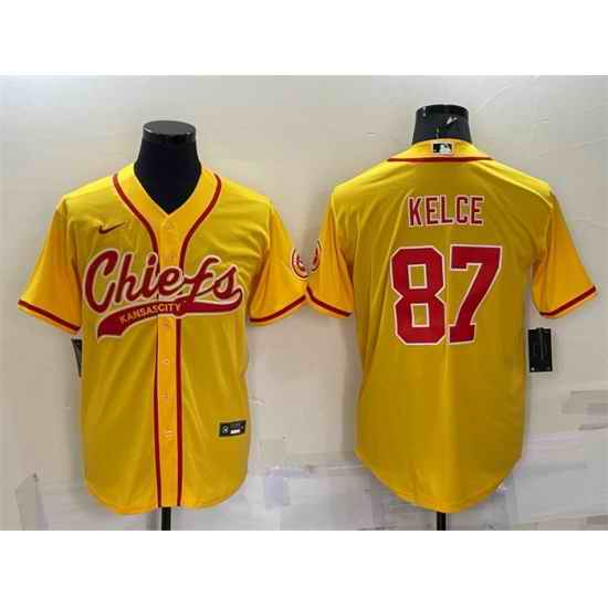 Men Kansas City Chiefs #87 Travis Kelce Gold With Patch Cool Base Stitched Baseball Jersey