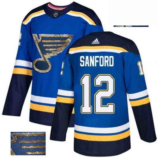 Mens Adidas St Louis Blues #12 Zach Sanford Authentic Royal Blue Fashion Gold NHL Jersey->st.louis blues->NHL Jersey