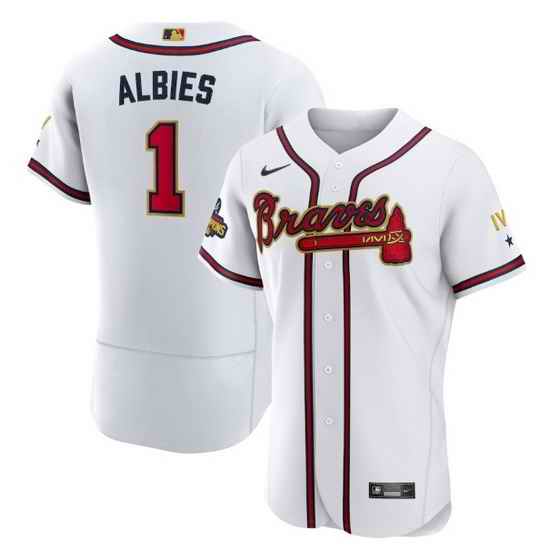 Men Atlanta Braves #1 Ozzie Albies 2022 White Gold World Series Champions Program Flex Base Stitched Baseball jersey->toronto blue jays->MLB Jersey