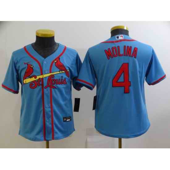 Youth St.Louis Cardinals #4 Yadier Molina Nike Alternate 2020 MLB Player Jersey Light Blue->youth mlb jersey->Youth Jersey