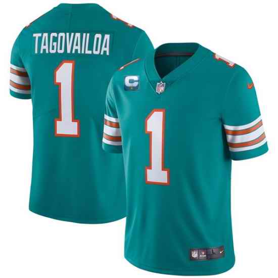 Men Miami Dolphins 2022 #1 Tua Tagovailoa Aqua With 1-star C Patch Stitched Jersey->miami dolphins->NFL Jersey