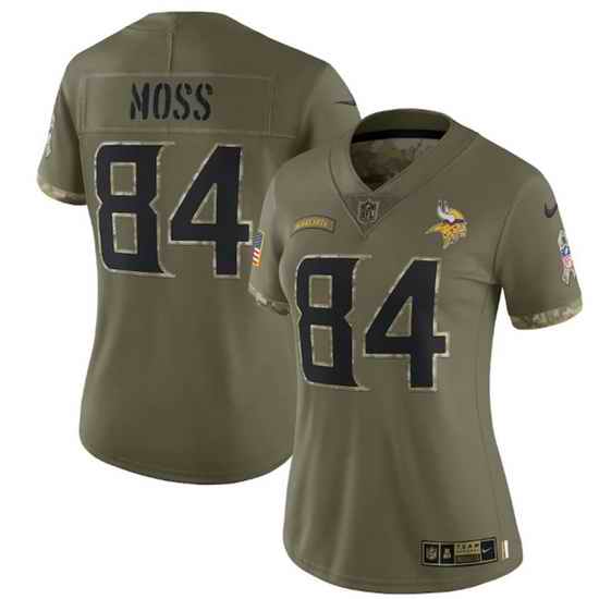 Women Minnesota Vikings #84 Randy Moss 2022 Olive Salute To Service Limited Stitched Jersey->women nfl jersey->Women Jersey