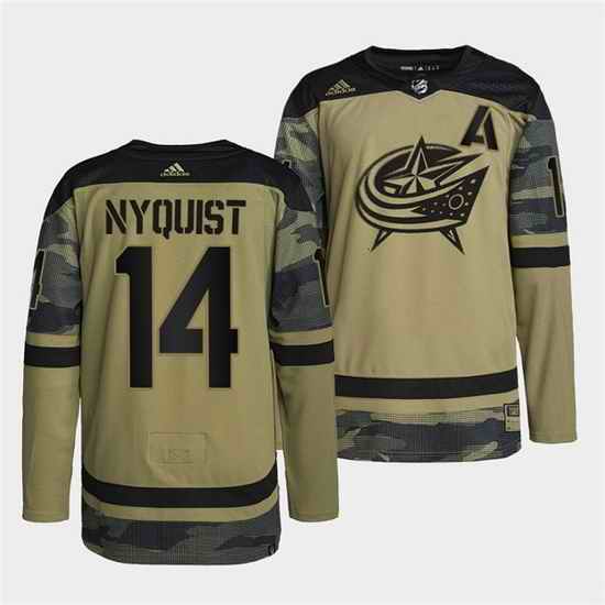 Men Columbus Blue Jackets #14 Gustav Nyquist 2022 Camo Military Appreciation Night Stitched jersey->columbus blue jackets->NHL Jersey