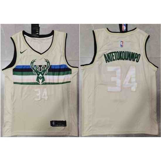 Men Milwaukee Bucks #34 Giannis Antetokounmpo Cream Stitched Jersey