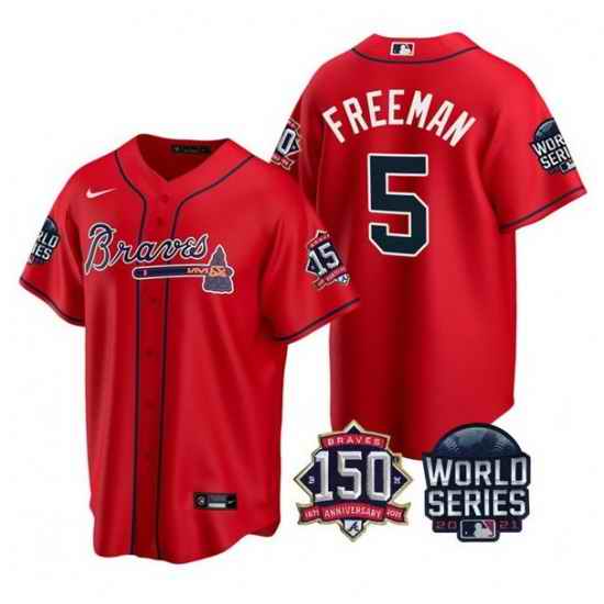 Men Atlanta Braves #5 Freddie Freeman 2021 Red World Series With 150th Anniversary Patch Cool Base Stitched Jersey