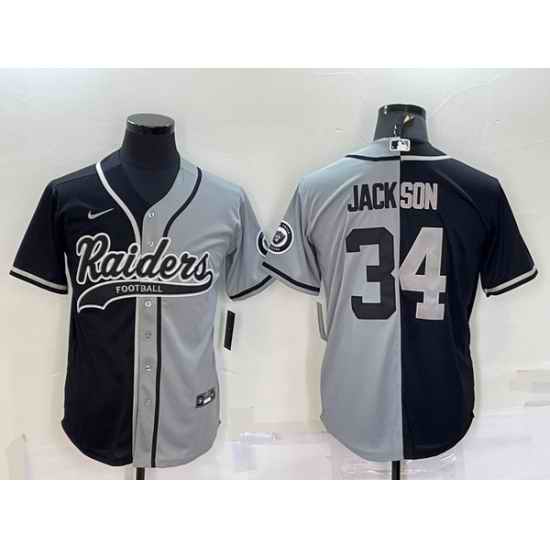 Men Las Vegas Raiders #34 Bo Jackson Black Grey Split With Patch Cool Base Stitched Baseball Jersey->new orleans saints->NFL Jersey
