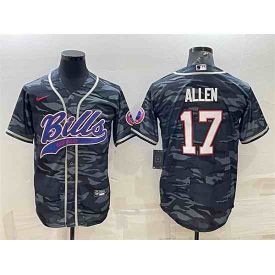 Men Buffalo Bills Blank #17 Josh Allen Grey Navy Camo With Patch Cool Base Stitched Baseball Jersey