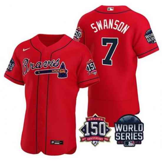 Men Atlanta Braves #7 Dansby Swanson 2021 Red World Series With 150th Anniversary Patch Stitched Baseball Jersey