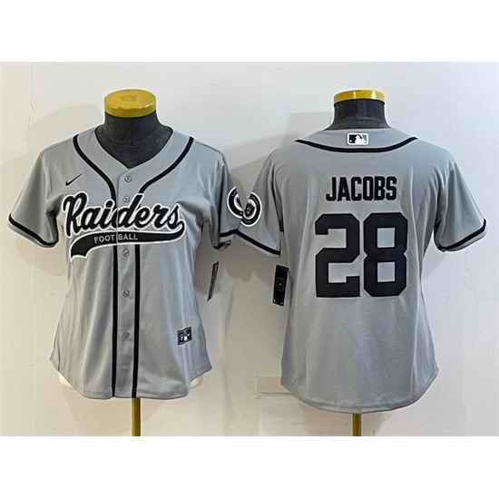 Women Las Vegas Raiders #28 Josh Jacobs Grey With Patch Cool Base Stitched Baseball Jersey->women nfl jersey->Women Jersey