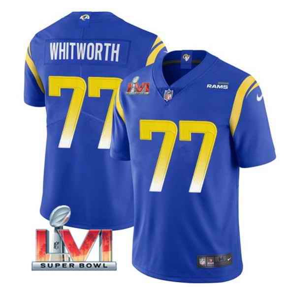 Nike Rams #77 Andrew Whitworth Royal 2022 Super Bowl LVI Vapor Limited Jersey->los angeles rams->NFL Jersey