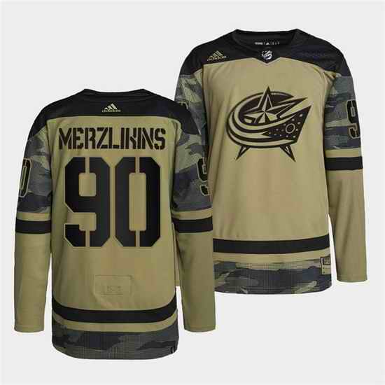 Men Columbus Blue Jackets #90 Elvis Merzlikins 2022 Camo Military Appreciation Night Stitched jersey->columbus blue jackets->NHL Jersey