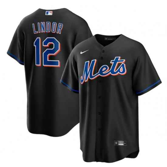 Men New York Mets #12 Francisco Lindor 2022 Black Cool Base Stitched Baseball Jersey->new york mets->MLB Jersey