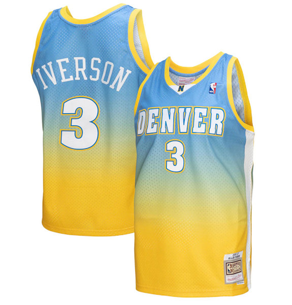 Men's Denver Nuggets #3 Allen Iverson 2006/07 Yellow/Blue Throwback Stitched Jersey->denver nuggets->NBA Jersey